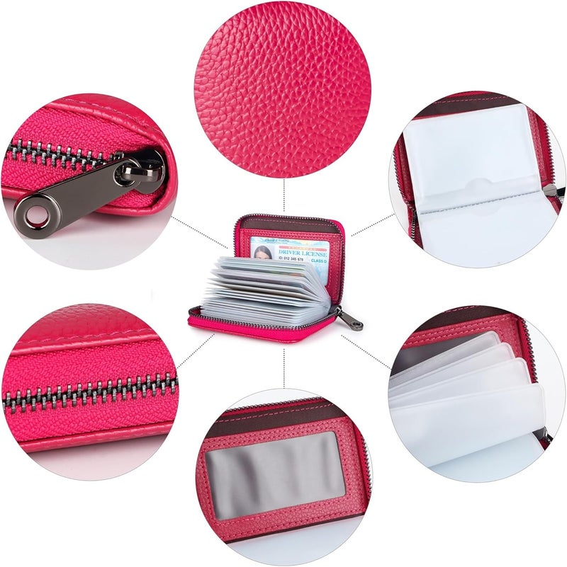 Suweibuke Genuine Leather Credit Card Holder Zipper Wallet RFID Blocking Secure Card Case ID Case Organizer (Rose Red) - Image 5